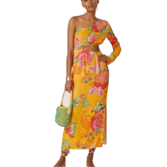 HP 🎉 Farm Rio x Anthropologie One-Shoulder XS Pet Yellow Pink Floral Print Midi - Picture 1 of 5